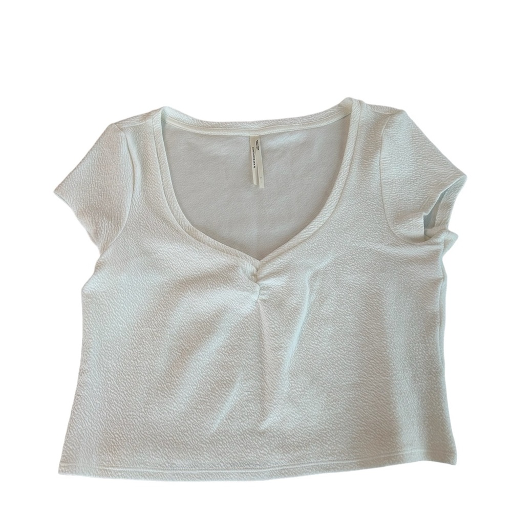 Anthropologie Crop Top Large Basic Neutral Short Sleeve Stretch Rounded V Neck